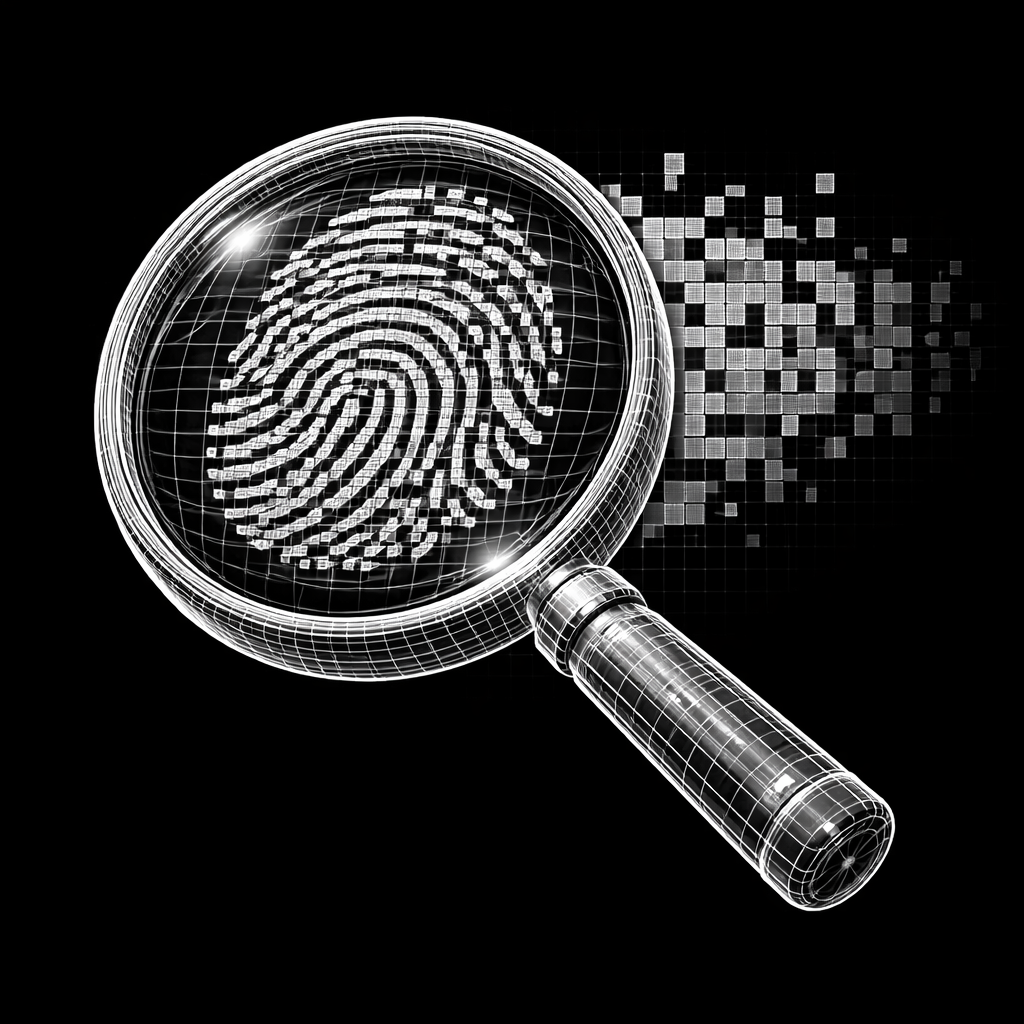 A magnifier resolving a fingerprint into a grid of hash cells